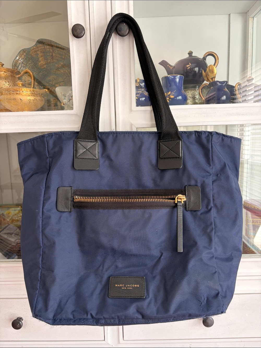 Marc Jacobs Navy Tote with Black Handles and Gold Hardware